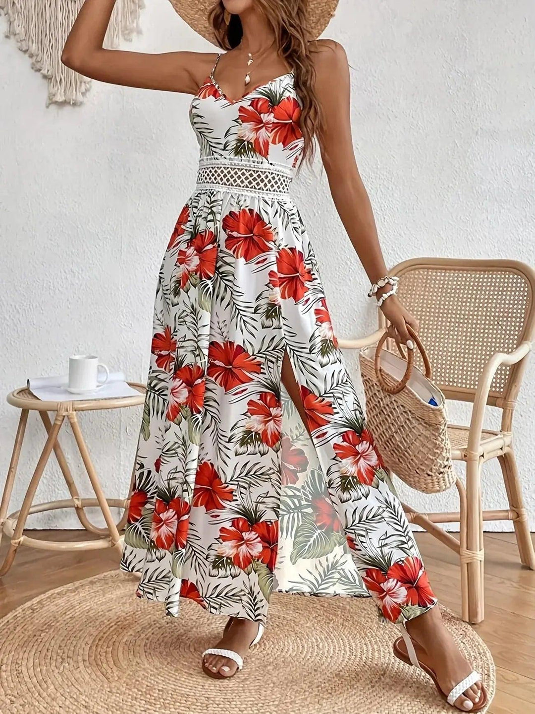 Woman wearing Floral Maxi Dress with V-neck, lace — view 9 | Lunova