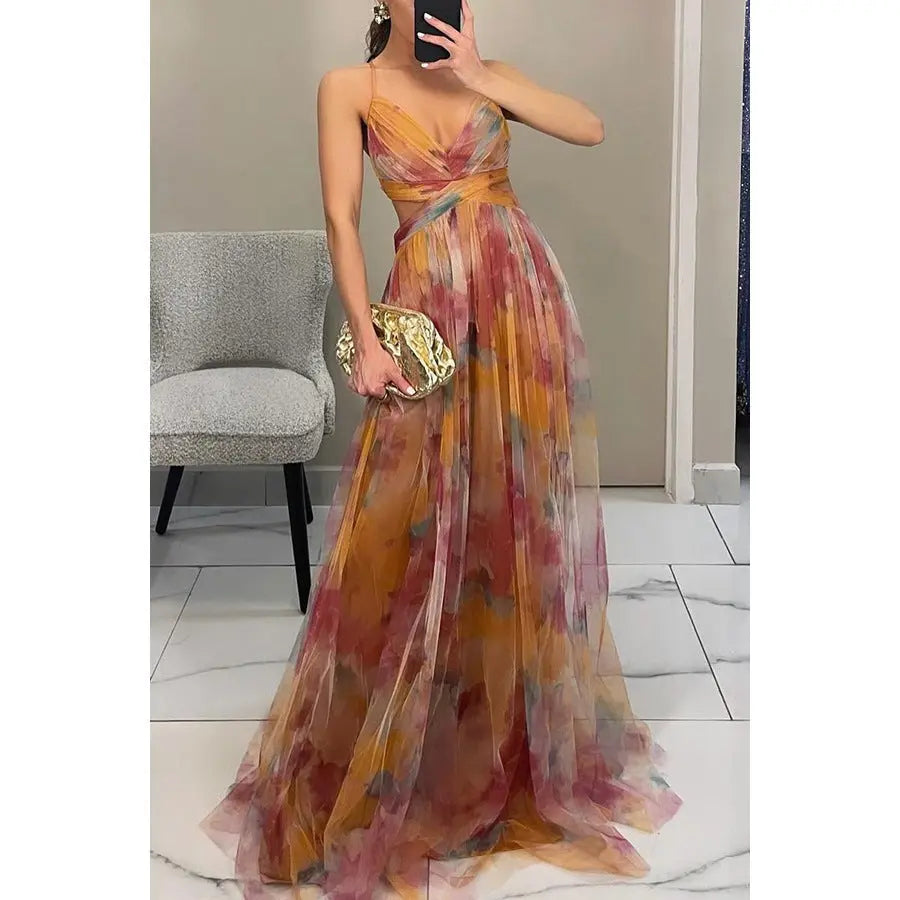 Woman wearing Floral Maxi Dress with flowing — view 11 | Lunova