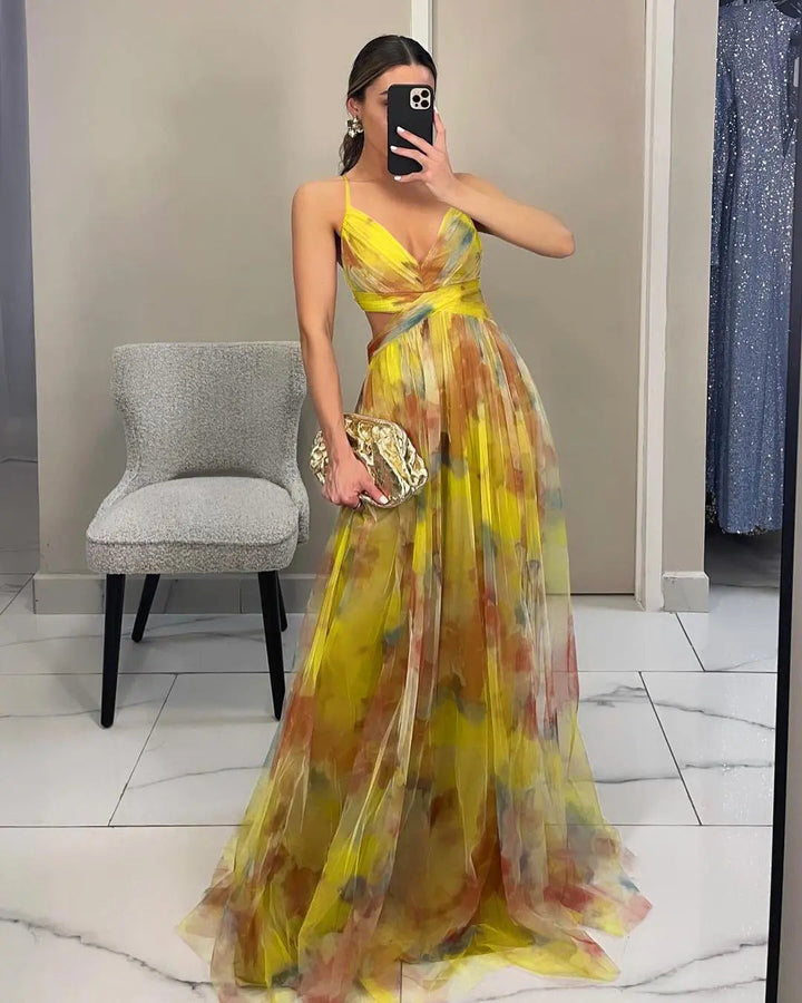 Woman wearing Yellow Floral Maxi Dress with flowing | Lunova