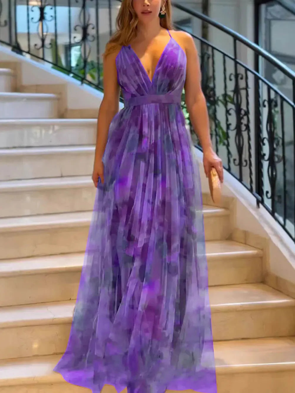 Woman wearing Purple Floral Maxi Dress with flowing | Lunova