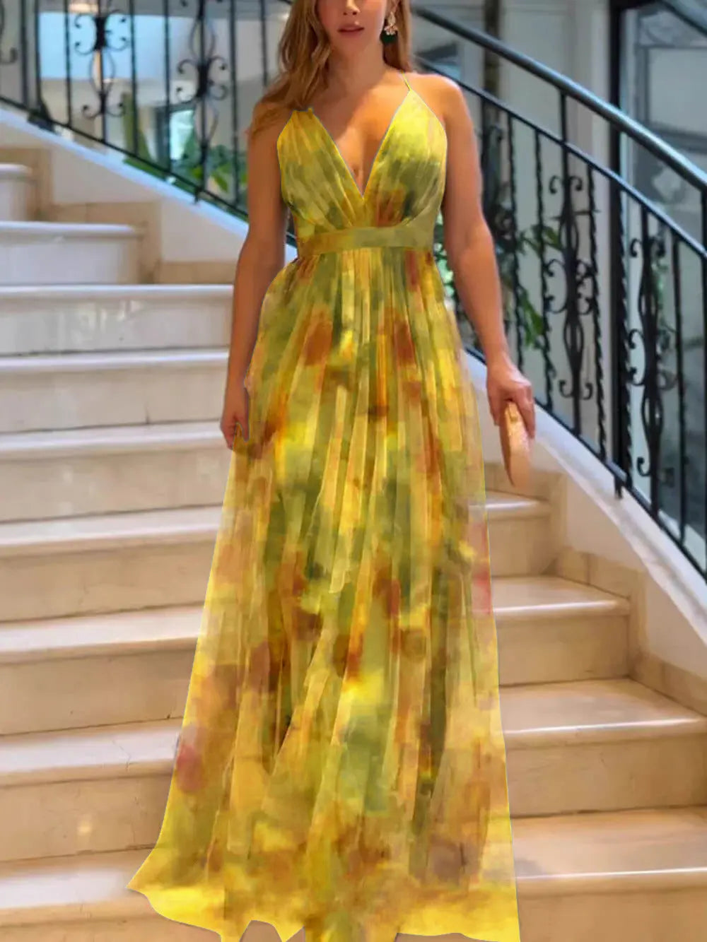 Woman wearing Floral Maxi Dress with flowing — view 13 | Lunova