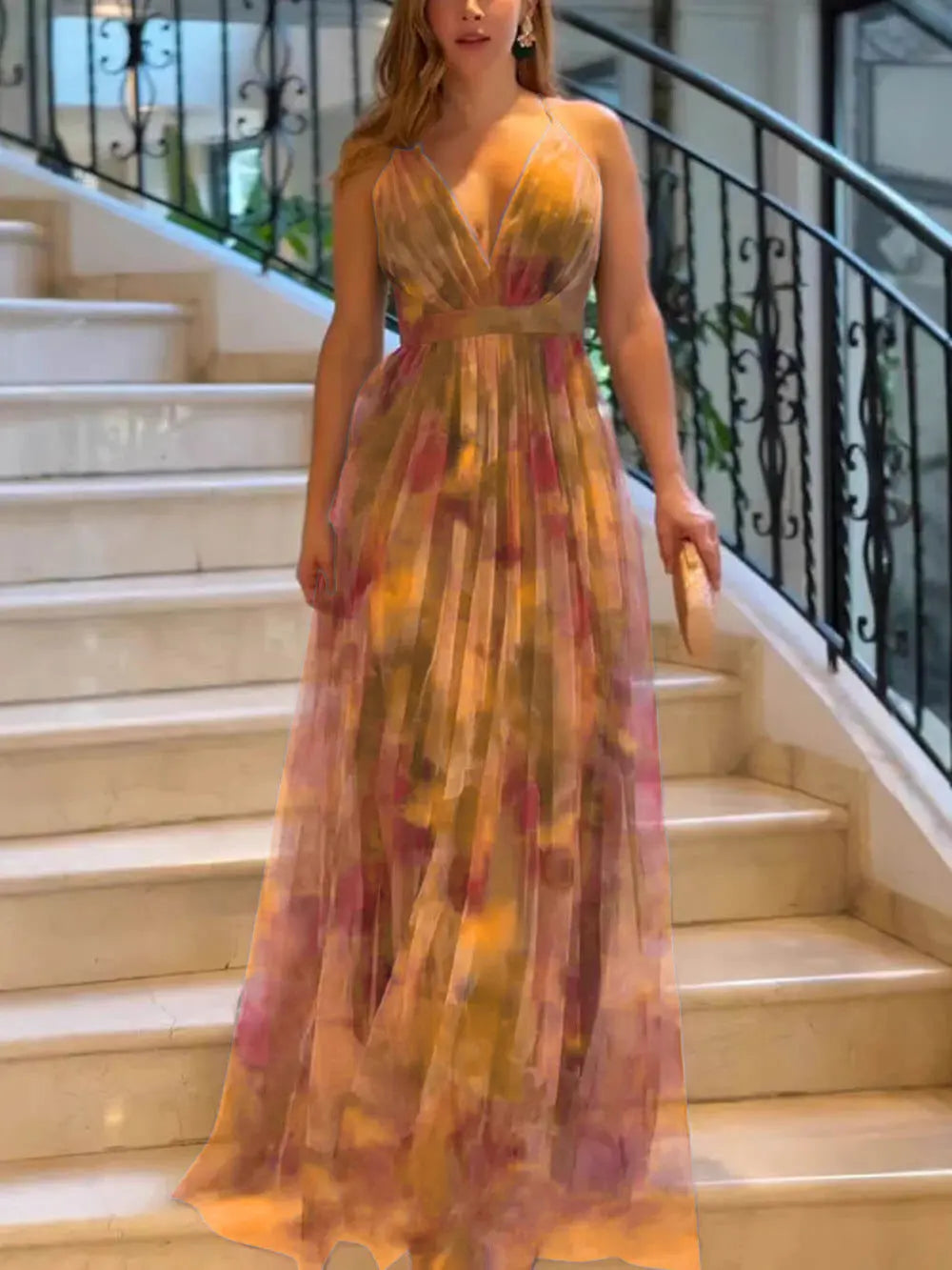 Woman wearing Floral Maxi Dress with flowing — view 14 | Lunova