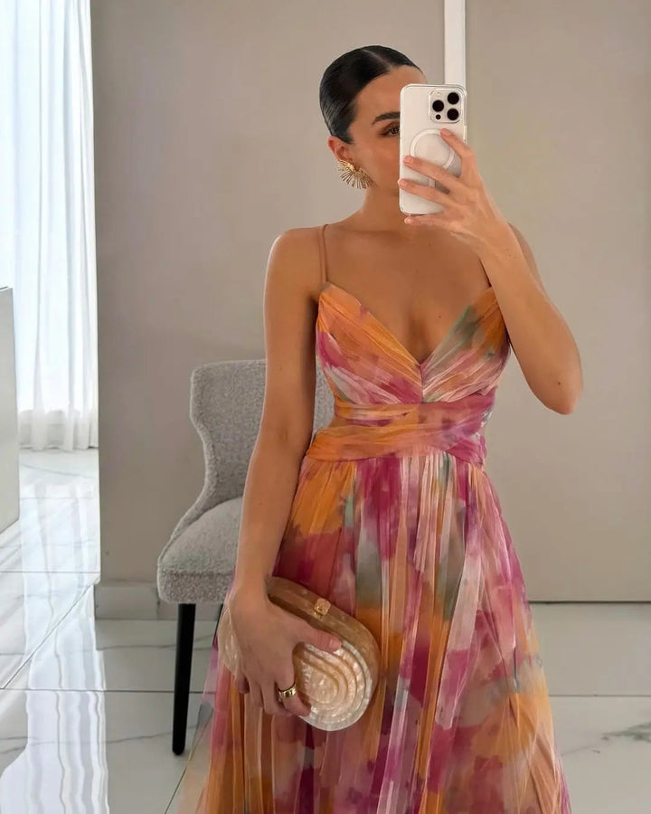 Woman wearing Floral Maxi Dress with flowing — view 2 | Lunova