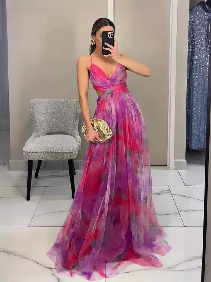 Woman wearing Red Floral Maxi Dress with flowing | Lunova