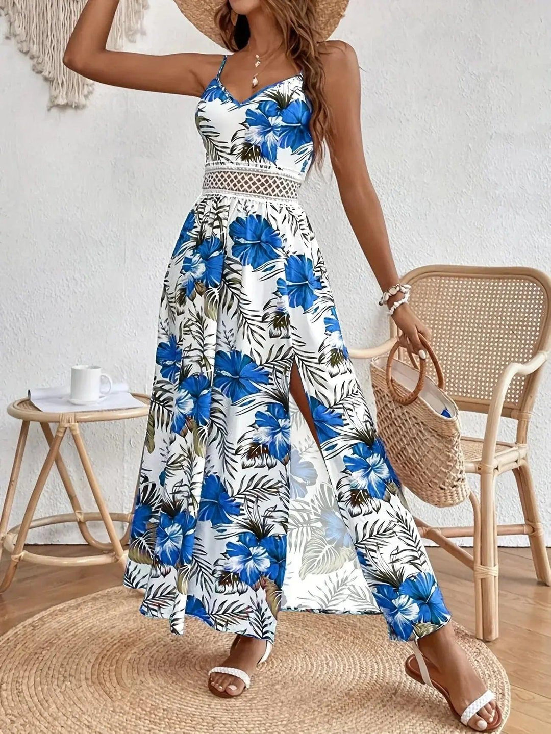 Woman wearing Floral Maxi Dress with V-neck, lace — view 2 | Lunova