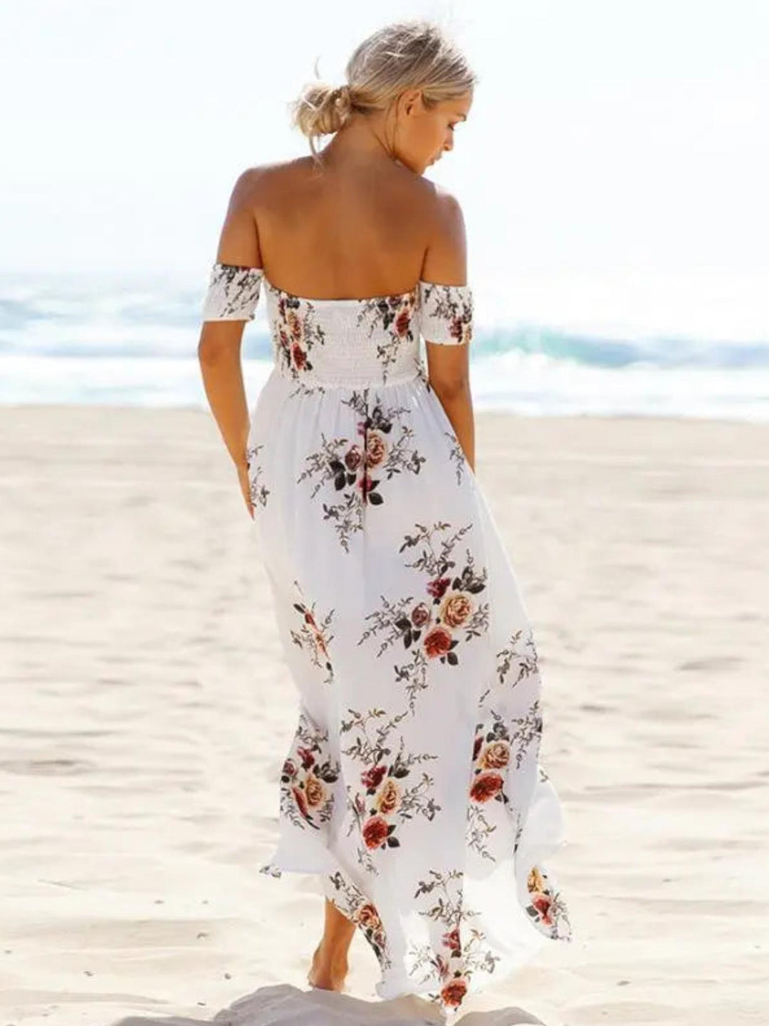 Woman wearing Floral Maxi Dress with relaxed, off-shoulder — view 2 | Lunova