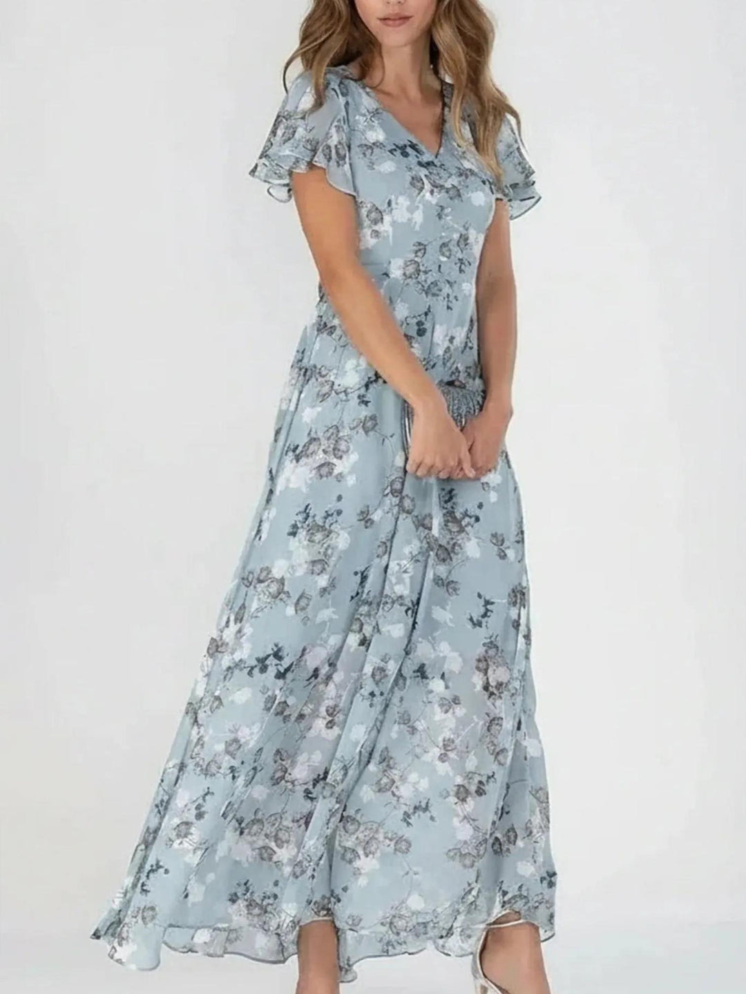 Woman wearing Floral Maxi Dress with A-line, V-neck — view 2 | Lunova