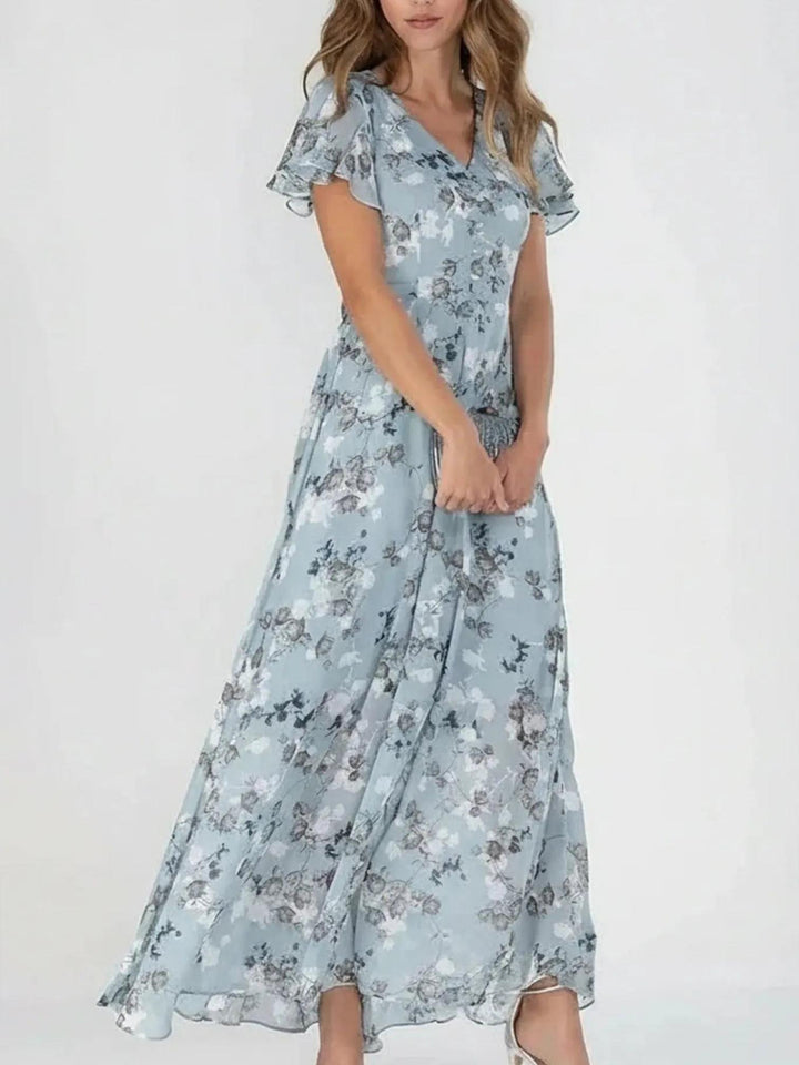 Woman wearing Floral Maxi Dress with A-line, V-neck — view 2 | Lunova