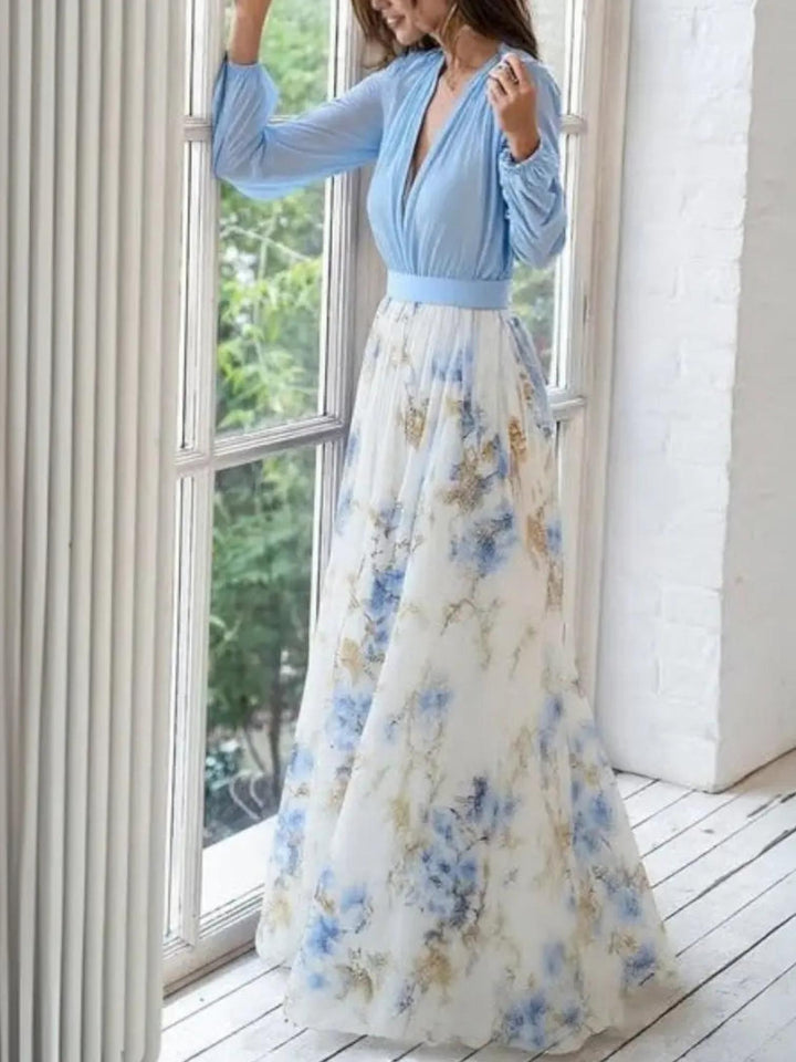 Woman wearing Floral Maxi Dress with V-neck — view 2 | Lunova