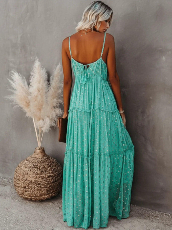 Woman wearing Floral Maxi Dress with A-line, V-neck — view 2 | Lunova