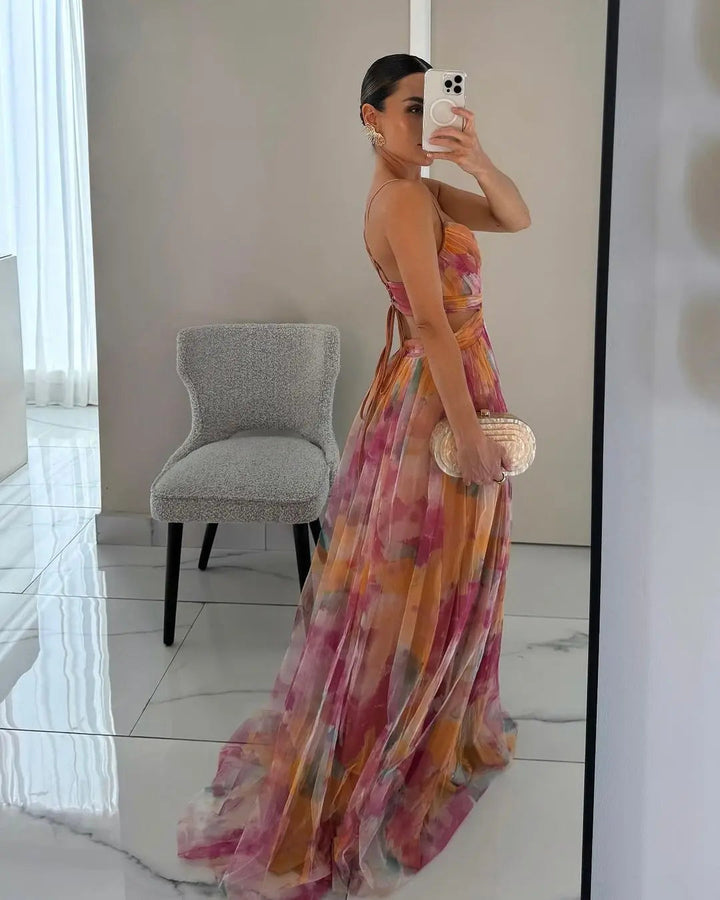 Woman wearing Floral Maxi Dress with flowing — view 3 | Lunova