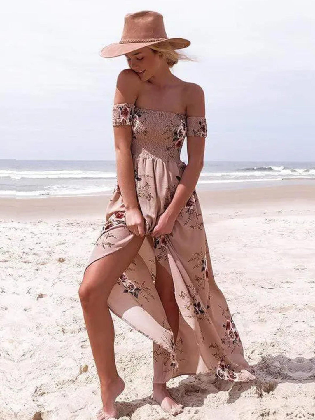 Woman wearing Khaki Floral Maxi Dress with relaxed, off-shoulder | Lunova