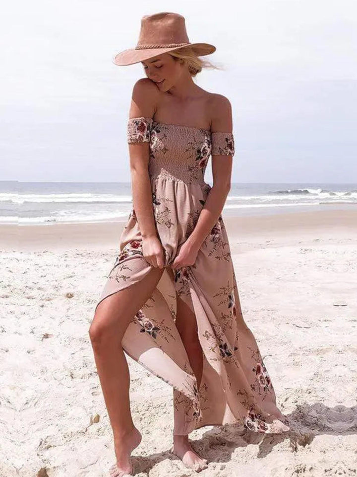 Woman wearing Khaki Floral Maxi Dress with relaxed, off-shoulder | Lunova