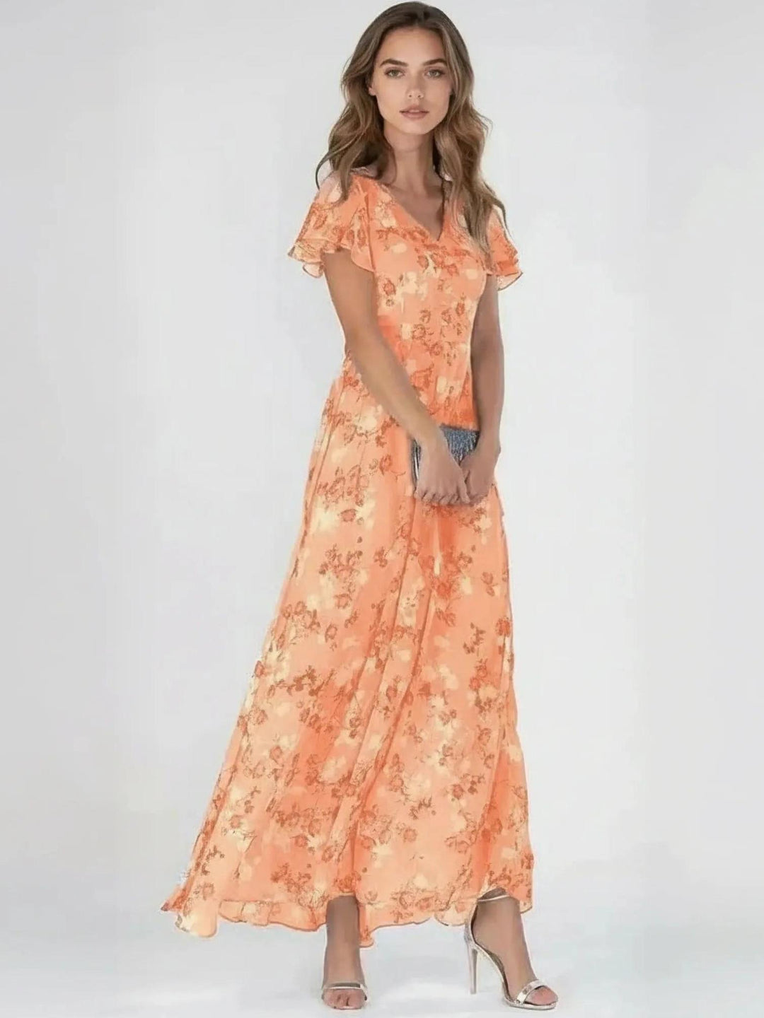 Woman wearing Floral Maxi Dress with A-line, V-neck — view 3 | Lunova