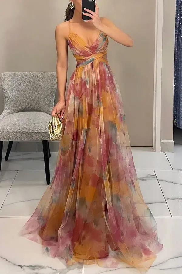 Woman wearing Floral Maxi Dress with flowing — view 4 | Lunova
