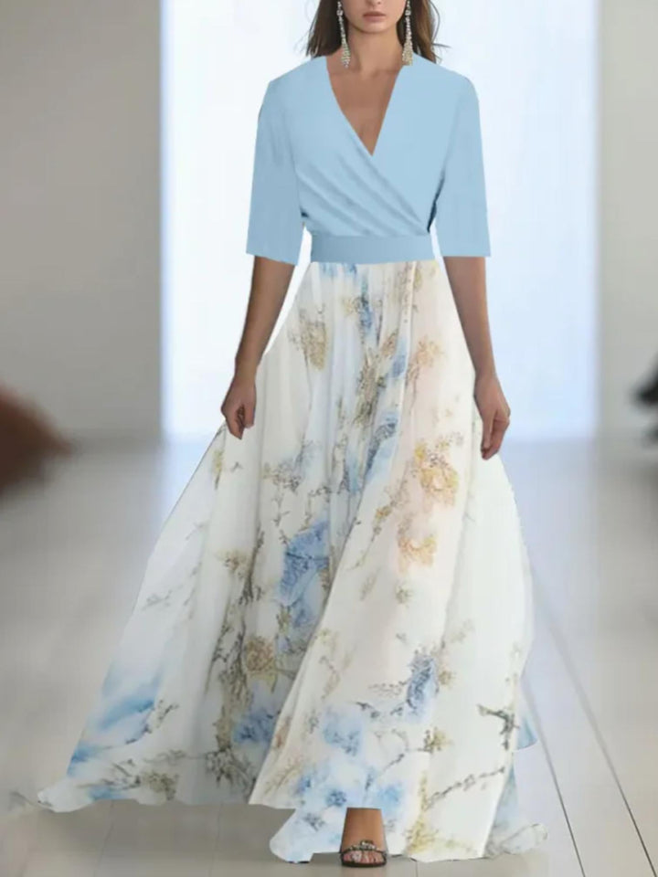 Woman wearing Light Blue Floral Maxi Dress with V-neck | Lunova