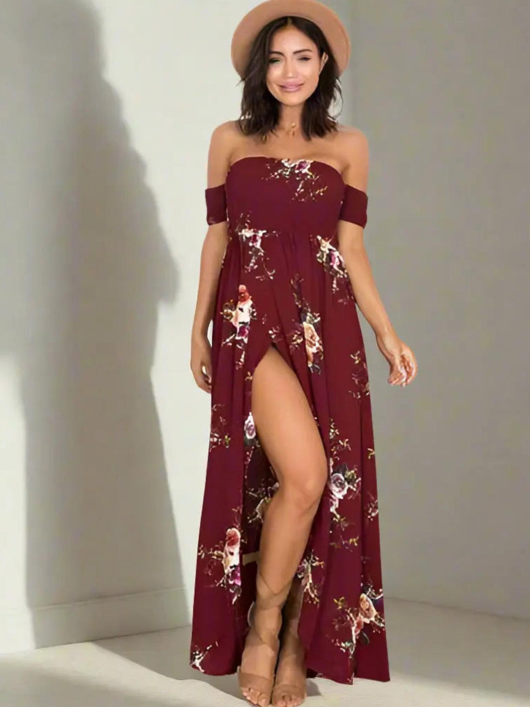Woman wearing Red Floral Maxi Dress with relaxed, off-shoulder | Lunova