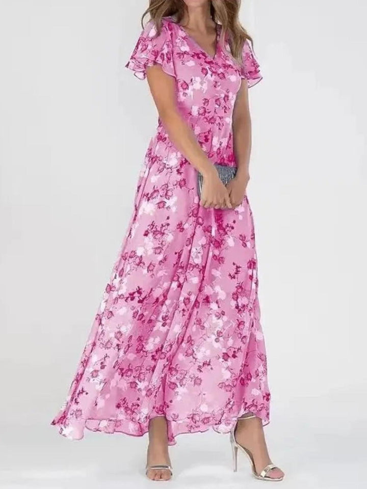 Woman wearing Floral Maxi Dress with A-line, V-neck — view 4 | Lunova