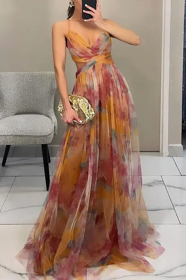 Woman wearing Floral Maxi Dress with flowing — view 5 | Lunova