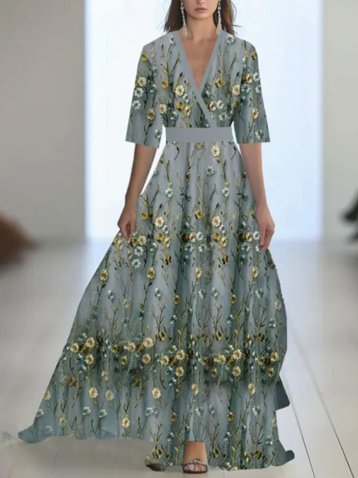 Woman wearing Grey Floral Maxi Dress with V-neck | Lunova