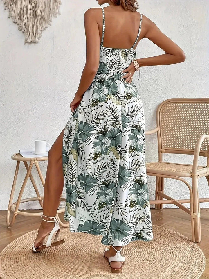 Woman wearing Floral Maxi Dress with V-neck, lace — view 5 | Lunova