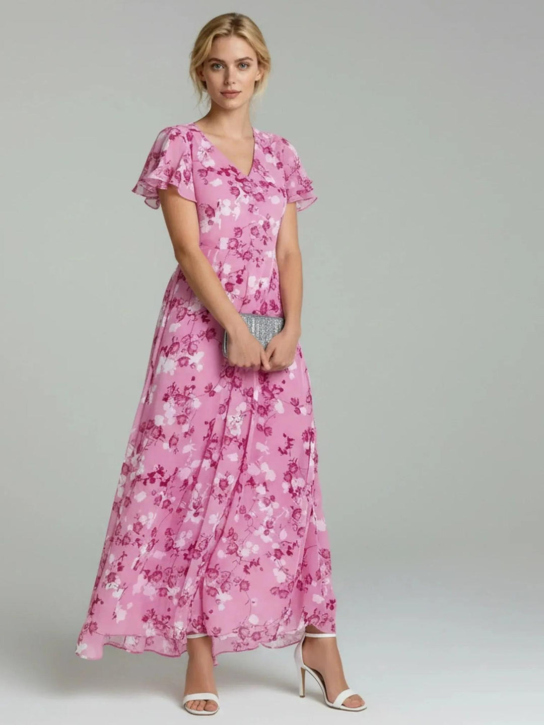 Woman wearing Pink Floral Maxi Dress with A-line, V-neck | Lunova