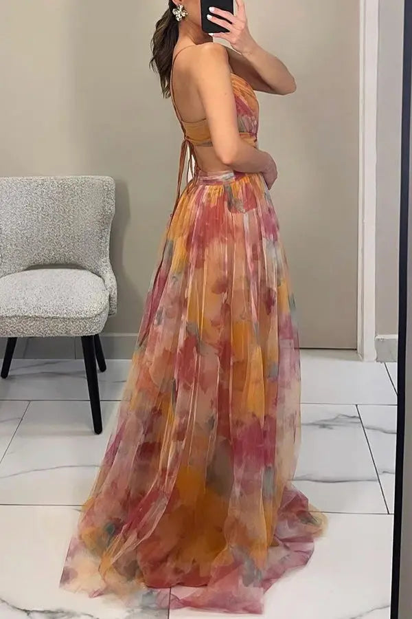 Woman wearing Floral Maxi Dress with flowing — view 6 | Lunova