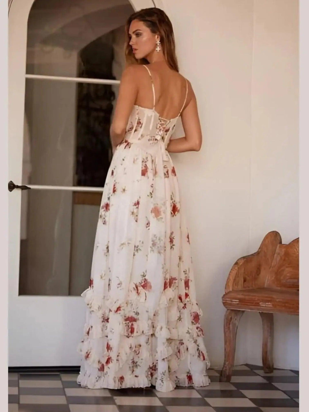 Woman wearing Floral Maxi Dress with A-line, fitted — view 5 | Lunova