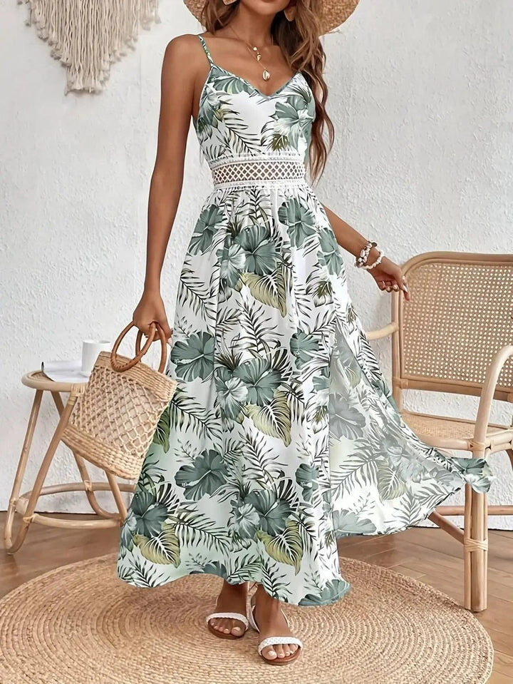 Woman wearing Green Floral Maxi Dress with V-neck, lace | Lunova