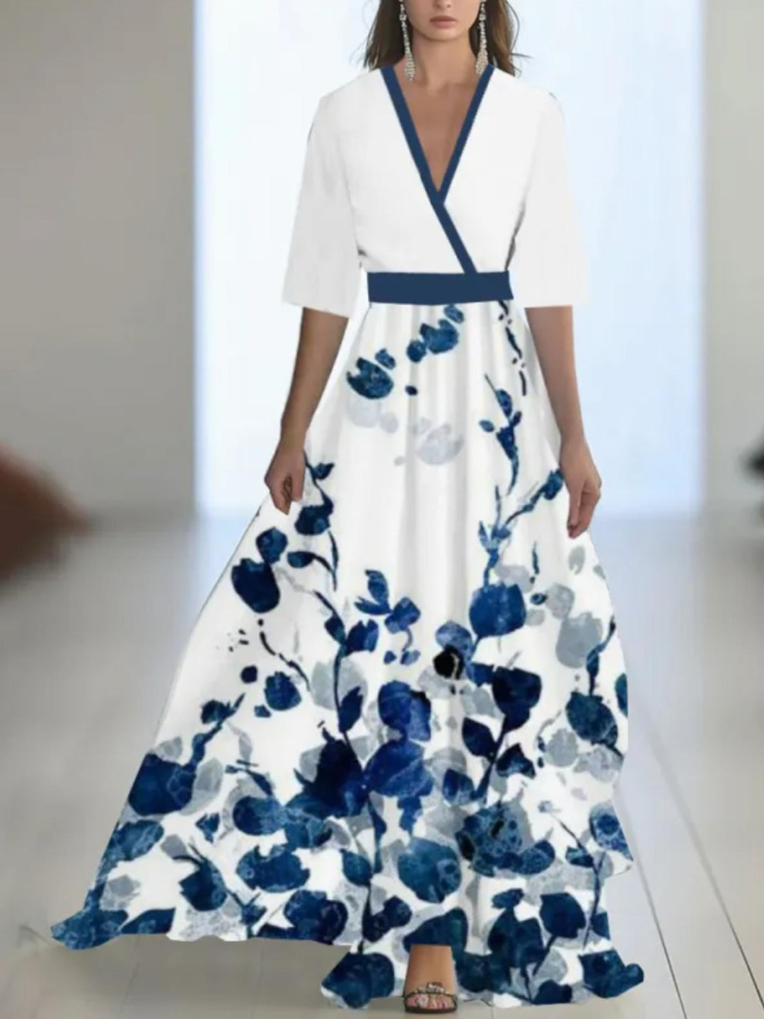 Woman wearing White Floral Maxi Dress with V-neck | Lunova