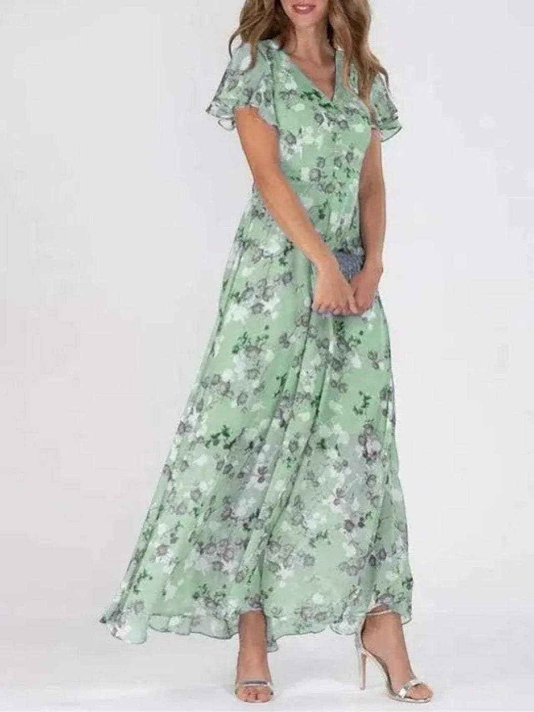 Woman wearing Green Floral Maxi Dress with A-line, V-neck | Lunova