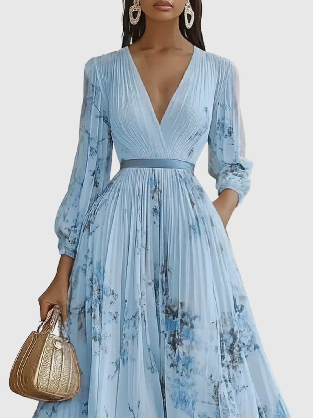 Woman wearing Blue Floral Maxi Dress with A-line, flowing | Lunova