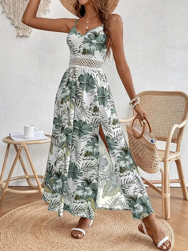 Woman wearing Floral Maxi Dress with V-neck, lace — view 6 | Lunova