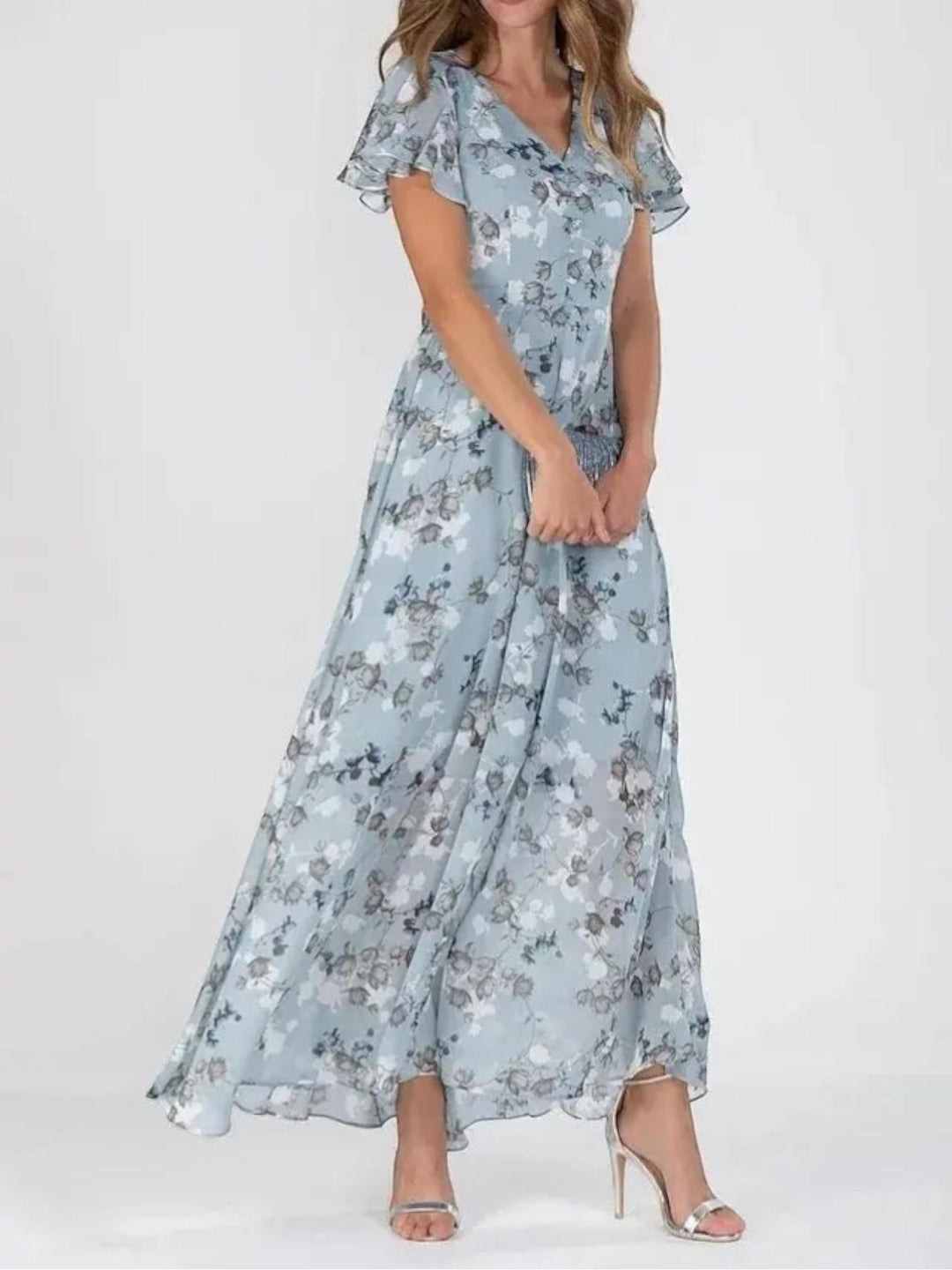 Woman wearing Blue Floral Maxi Dress with A-line, V-neck | Lunova
