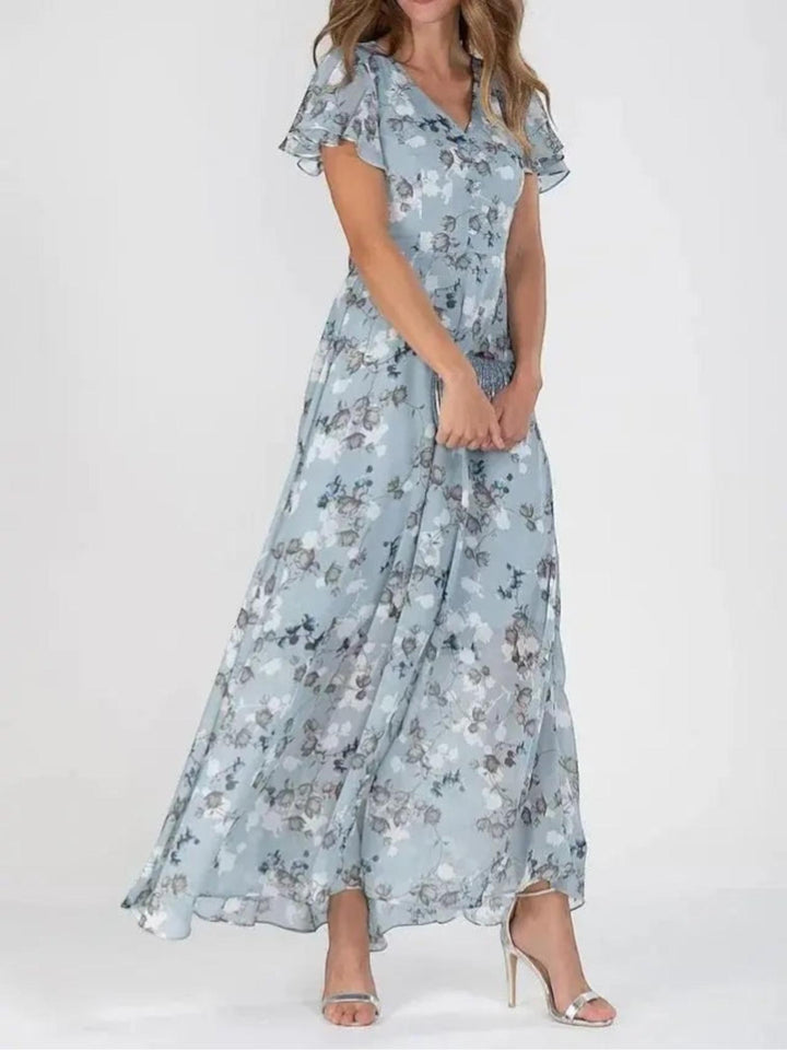 Woman wearing Blue Floral Maxi Dress with A-line, V-neck | Lunova