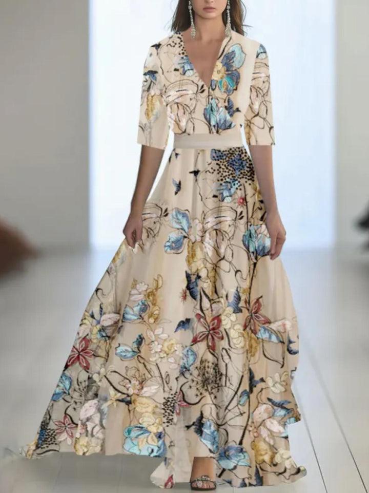 Woman wearing Khaki Floral Maxi Dress with V-neck | Lunova