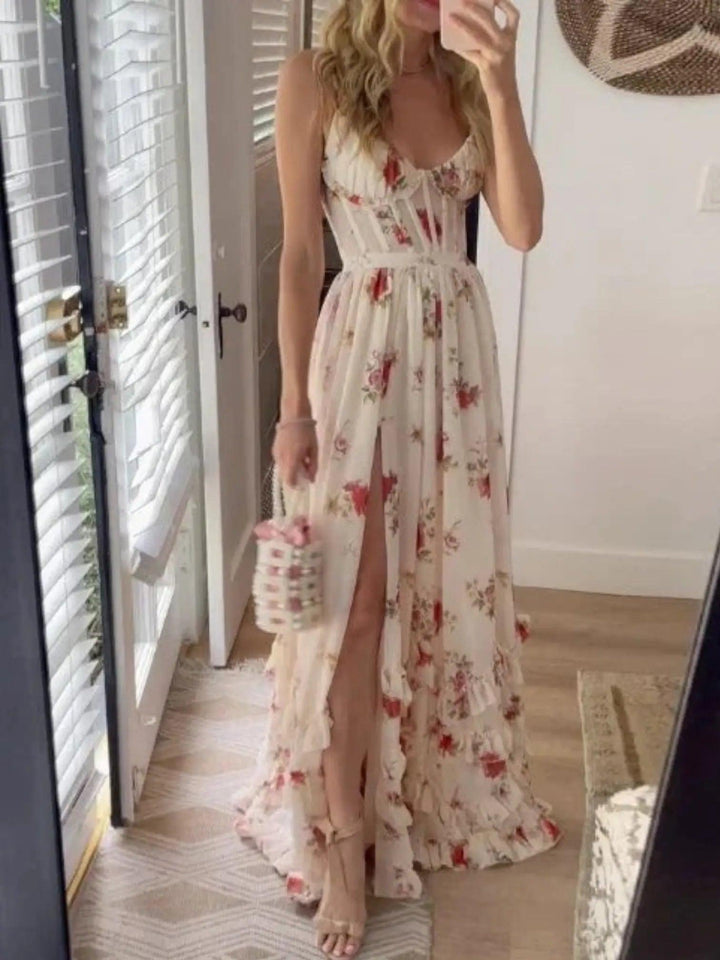 Woman wearing Floral Maxi Dress with A-line, fitted — view 6 | Lunova