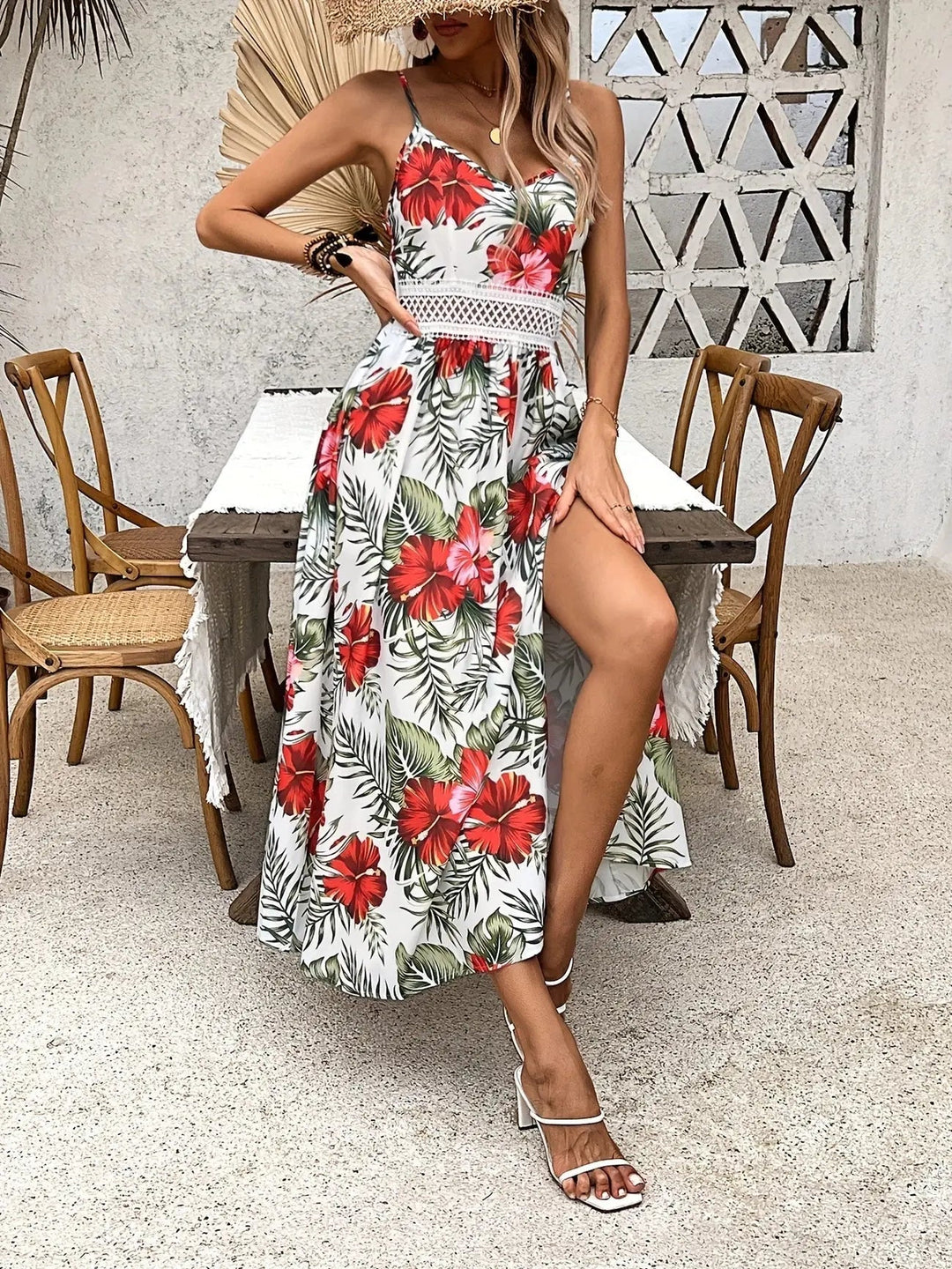 Woman wearing Floral Maxi Dress with V-neck, lace — view 7 | Lunova
