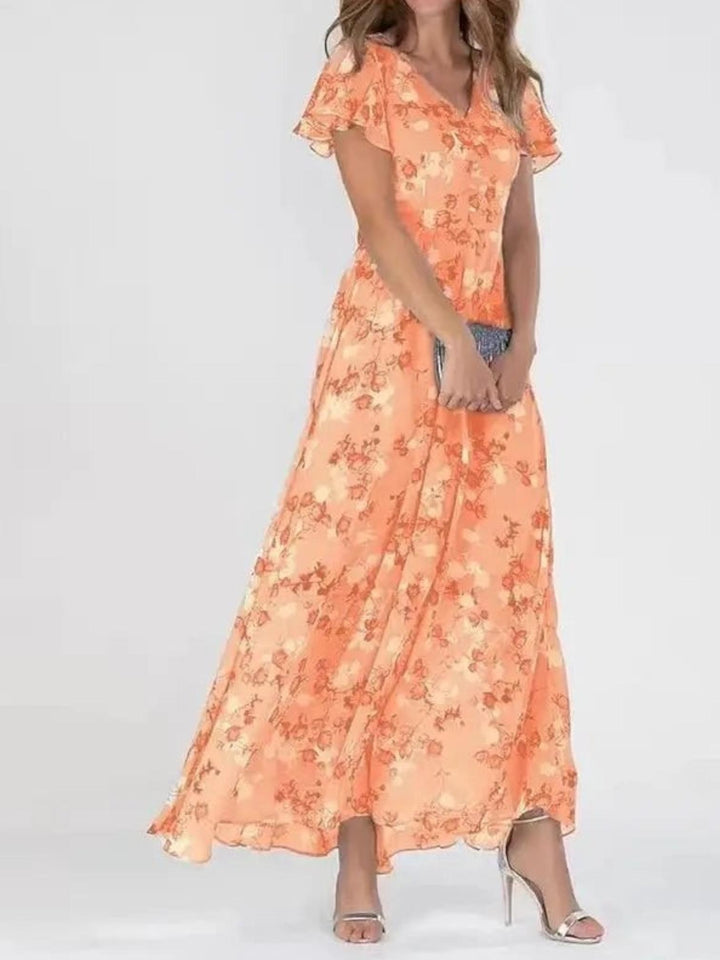 Woman wearing Orange Floral Maxi Dress with A-line, V-neck | Lunova