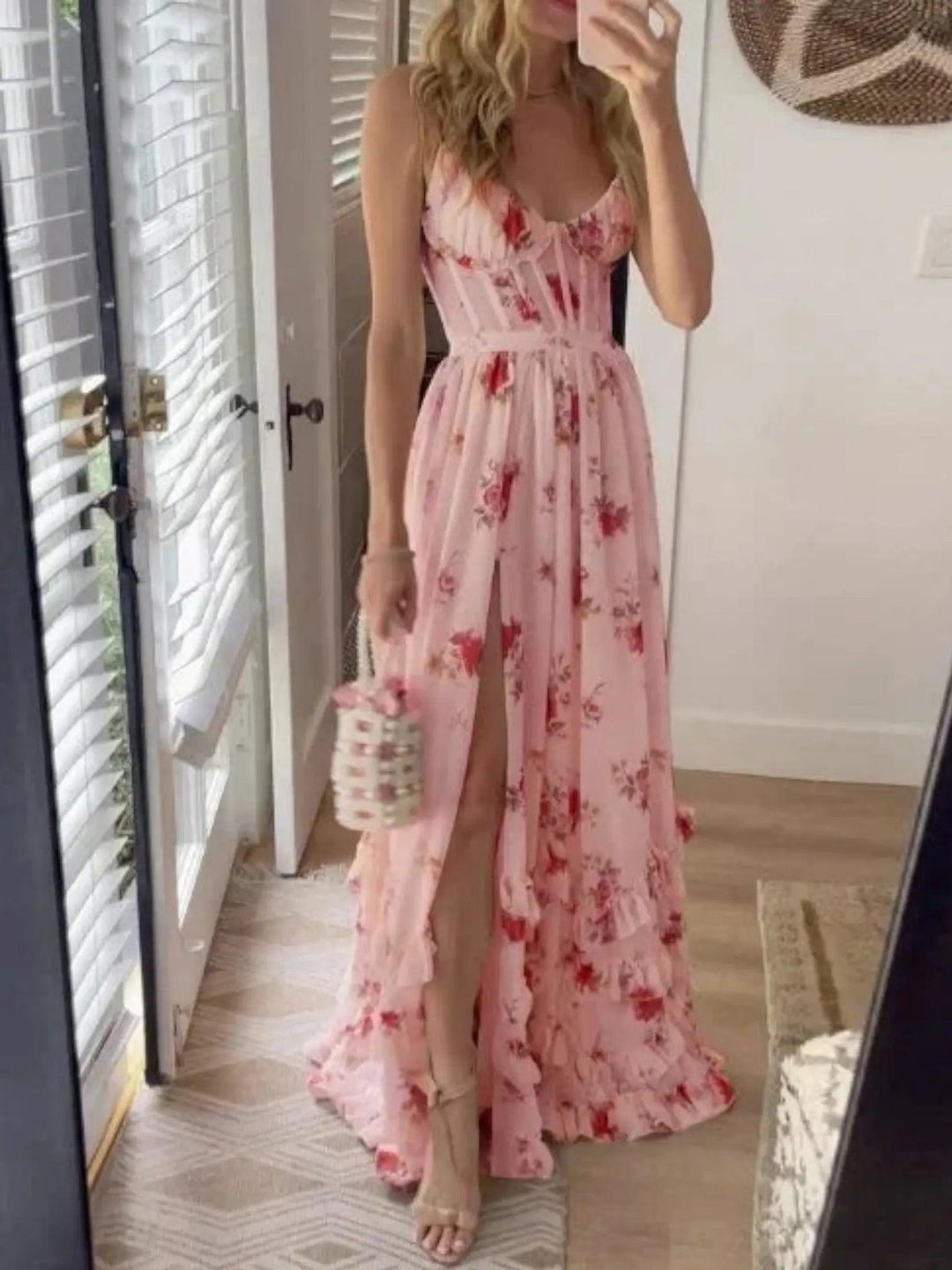 Woman wearing Pink Floral Maxi Dress with A-line, fitted | Lunova