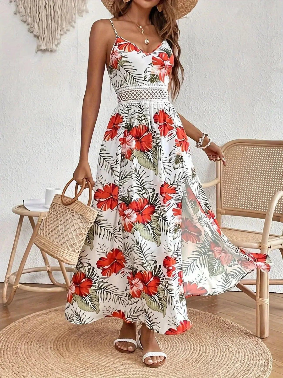 Woman wearing Orange Floral Maxi Dress with V-neck, lace | Lunova