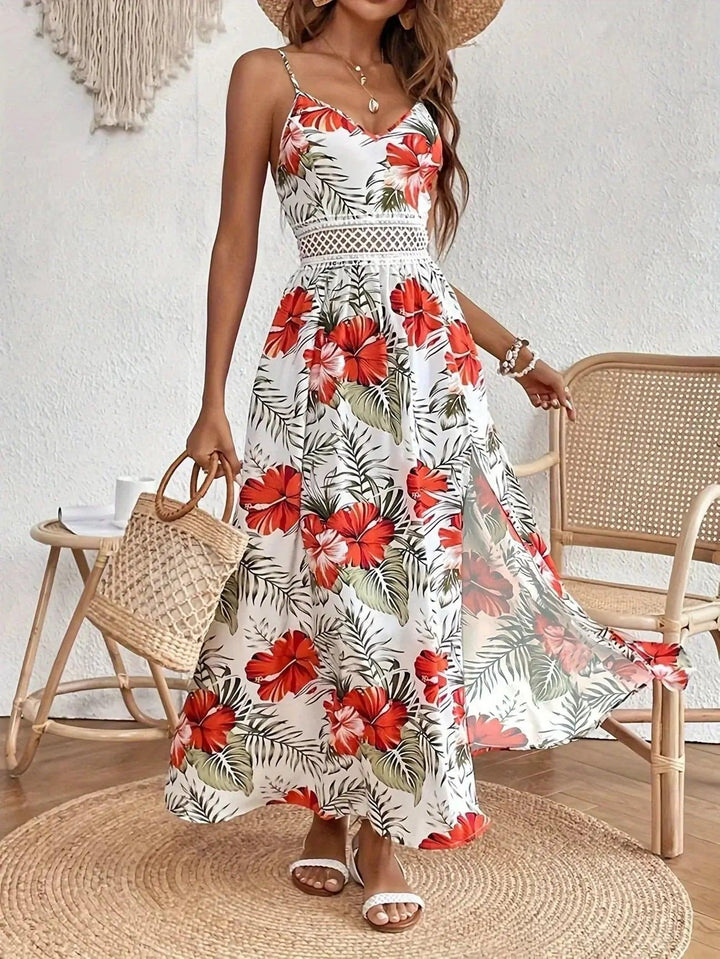 Woman wearing Orange Floral Maxi Dress with V-neck, lace | Lunova