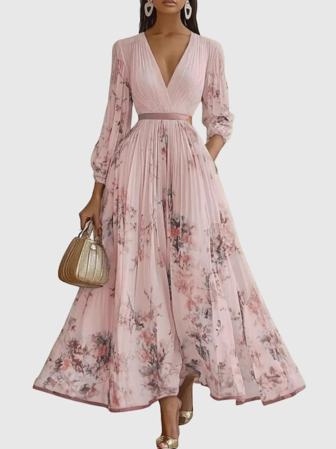 Woman wearing Pink Floral Maxi Dress with A-line, flowing | Lunova