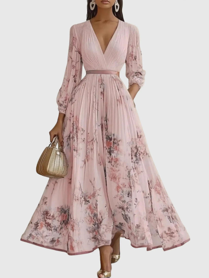 Woman wearing Pink Floral Maxi Dress with A-line, flowing | Lunova