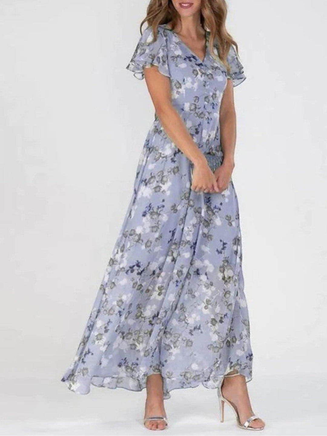 Woman wearing Purple Floral Maxi Dress with A-line, V-neck | Lunova