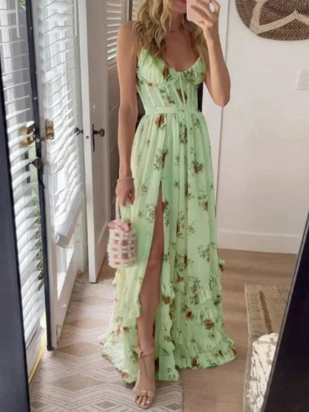 Woman wearing Green Floral Maxi Dress with A-line, fitted | Lunova