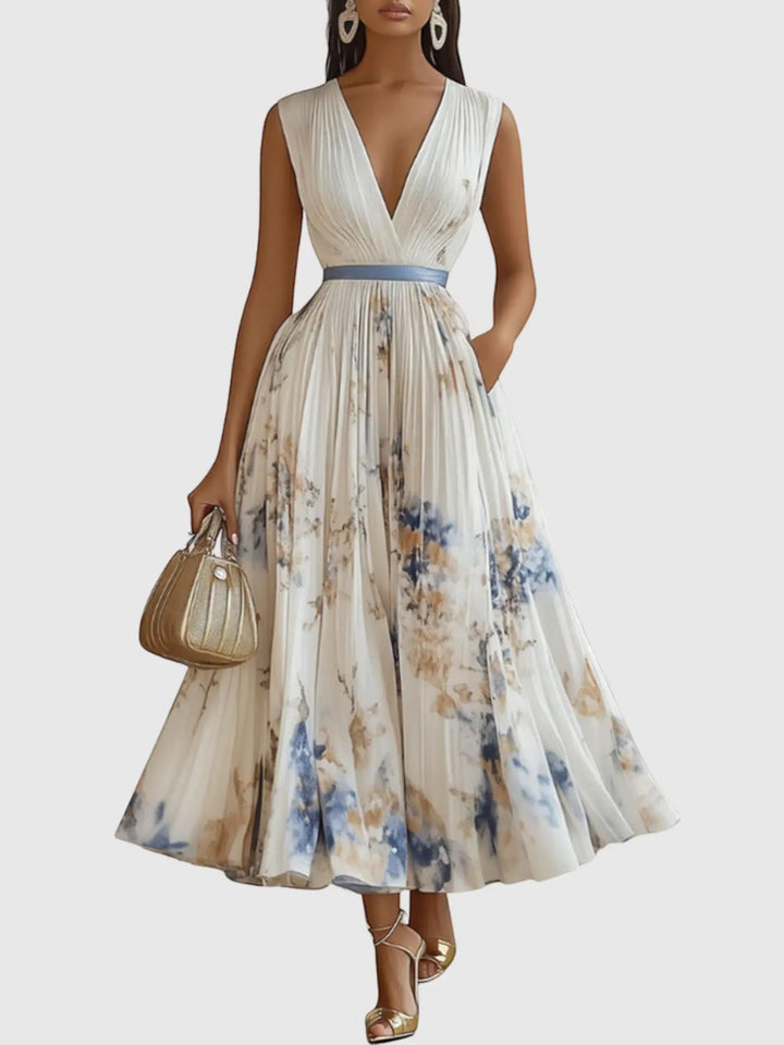 Woman wearing Apricot Floral Maxi Dress with A-line, flowing | Lunova