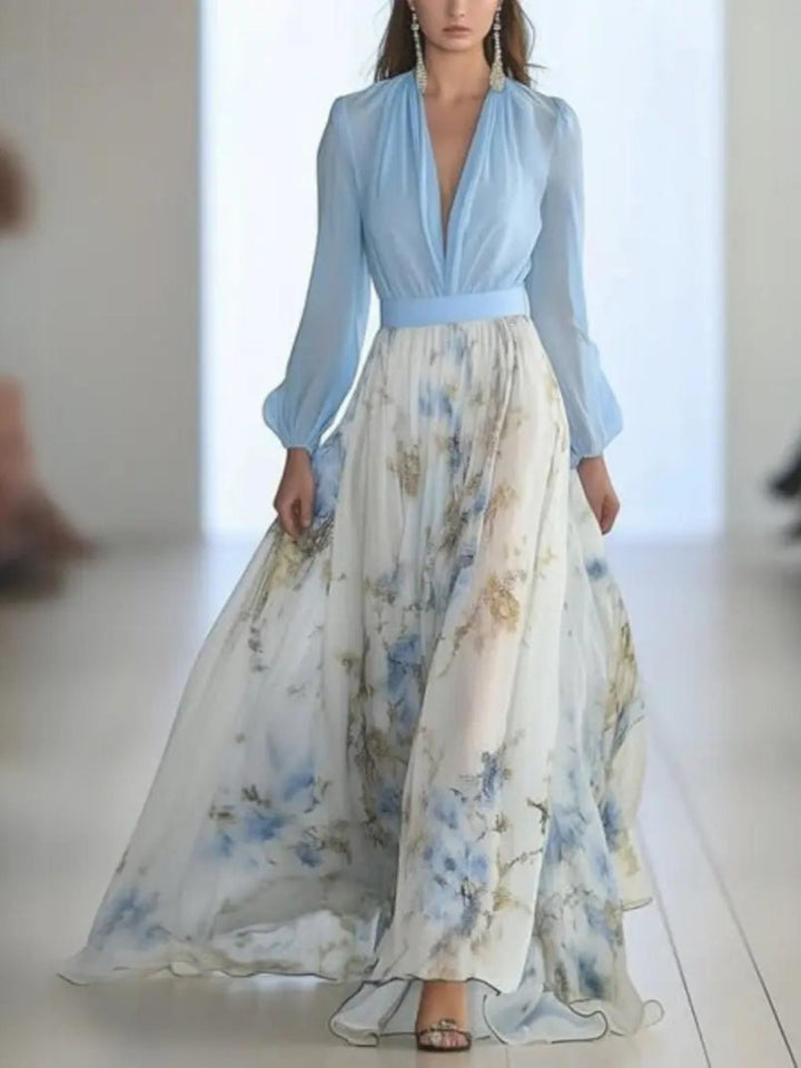 Woman wearing Floral Maxi Dress with V-neck | Lunova