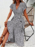 Woman wearing Black Floral Maxi Dress with A-line, wrap | Lunova