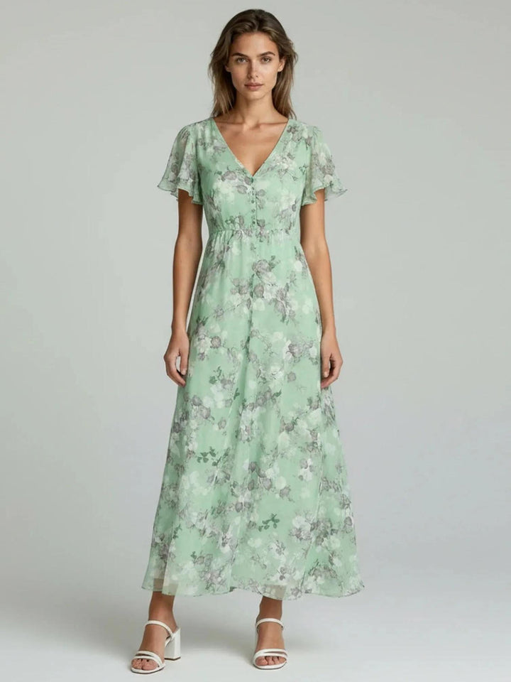 Woman wearing Floral Maxi Dress with A-line, V-neck | Lunova